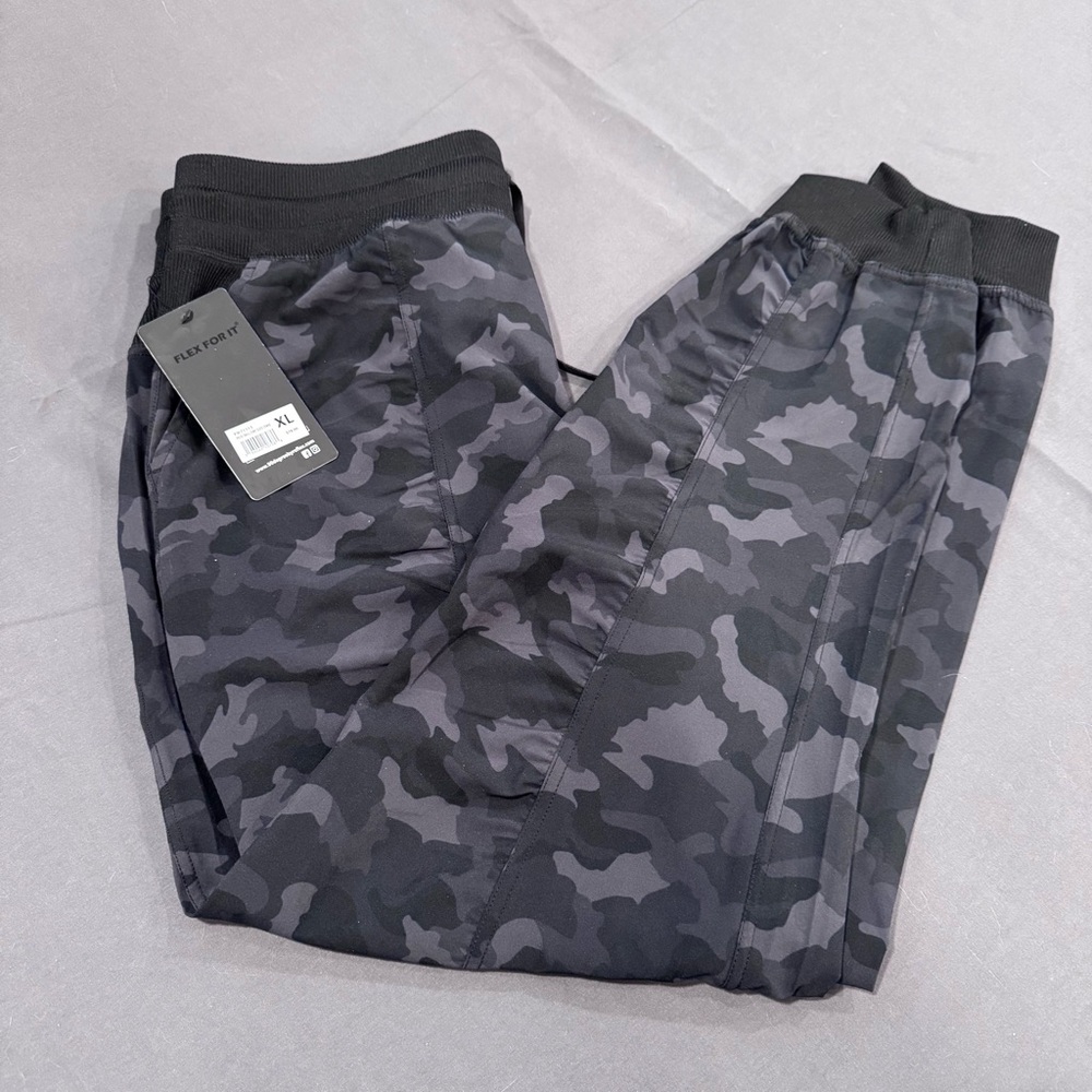 90 Degree by Reflex Woven Ruched-Leg Pants Women XL Black Camo Joggers Comfy NWT